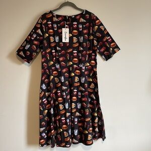 NWT Sucrefas Kitsch A-line Novelty Food Print Dress XXL Black Mod Burger Fry